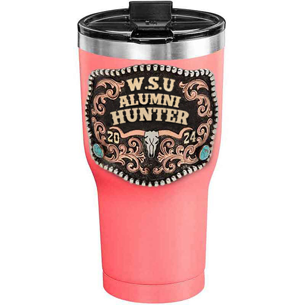 A customized tumbler made of stainless steel with a personalized engraved initials and Alumni Hunter lettering, 30 oz, ideal for coffee or cool drinks